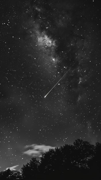 Cielo nocturno blanco y negro con una estrella fugaz