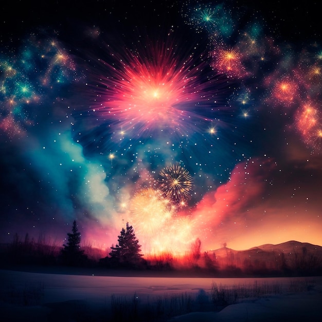 Cielo nocturno brillante con fuegos artificiales