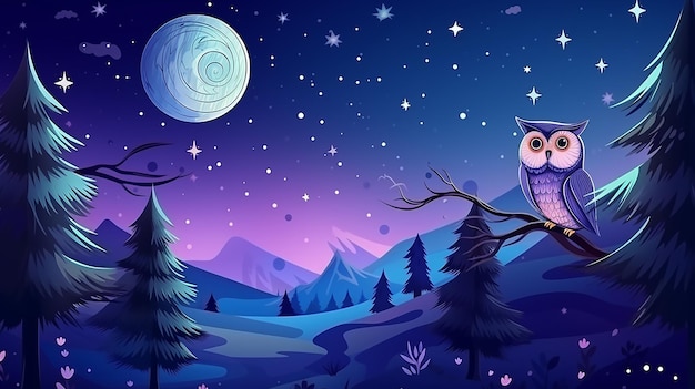 cielo nocturno con búhos y estrellas fugaces hermoso fondo de dibujos animados