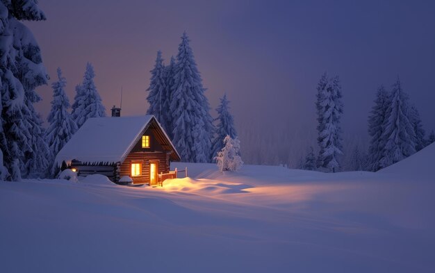 Bajo el cielo nocturno una cabaña de madera aislada ilumina la nieve prístina con los pinos circundantes de guardia en el bosque silencioso