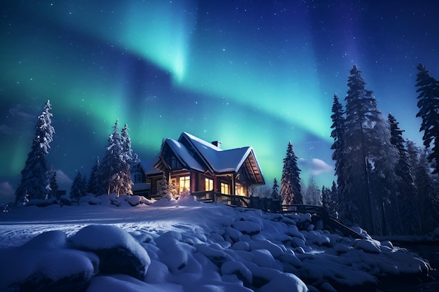 cielo nocturno de colores y casa de madera cerca de invierno bosque nevado paisaje belleza de la naturaleza