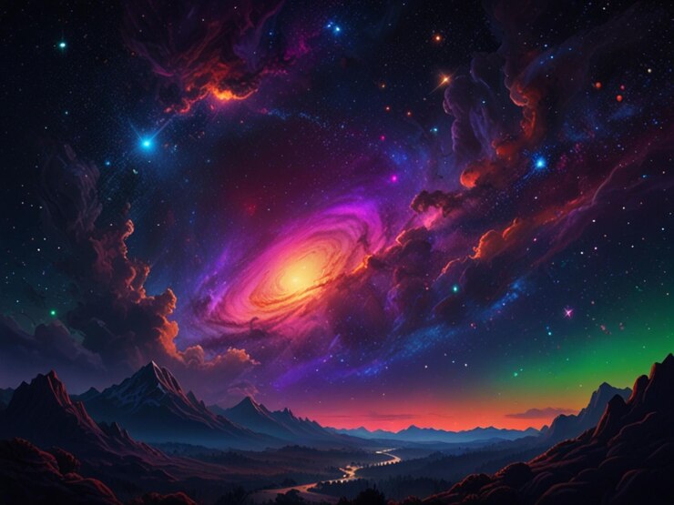 un cielo nocturno colorido con un río y montañas en el fondo