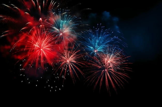 En el cielo nocturno se encienden fuegos artificiales rojos, blancos y azules.