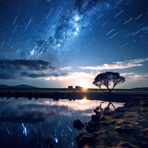 un cielo nocturno estrellado con un árbol y un árbol en primer plano