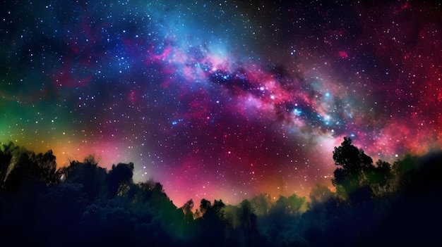 Un cielo nocturno estrellado con un árbol en primer plano y una galaxia rosa en el fondo.