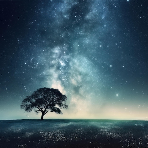 Un cielo nocturno estrellado con un árbol en primer plano