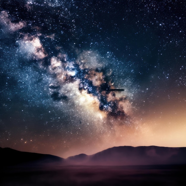 Un cielo nocturno estrellado con un avión volando sobre el horizonte.