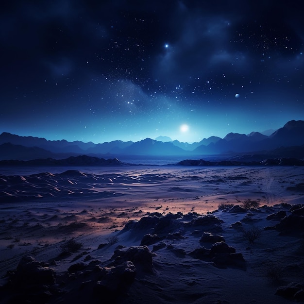 Cielo nocturno estrellado con una cadena montañosa y una estrella distante generativa ai