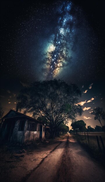 Un cielo nocturno estrellado con una casa al fondo