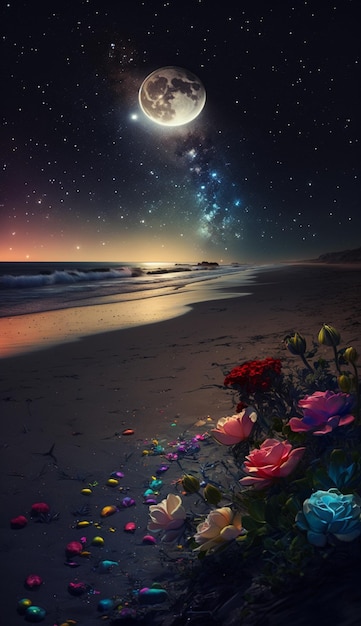 Un cielo nocturno estrellado con una imagen de una flor en la playa.