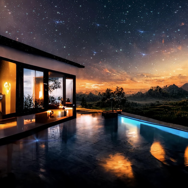 cielo nocturno estrellado luz de la luna resort de lujo piscina y agua de mar reflejo luz de neón cabina acogedora
