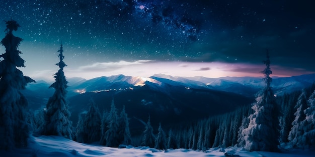 Un cielo nocturno estrellado con una montaña y un cielo estrellado.