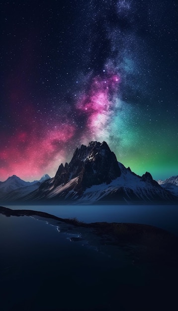 Un cielo nocturno estrellado con una montaña y una galaxia al fondo