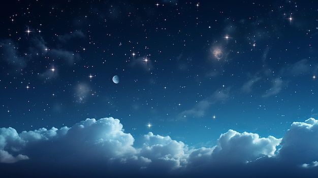 Cielo nocturno estrellado con nubes y luna creciente