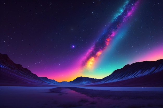 Un cielo nocturno estrellado con un río y una colorida vía láctea.