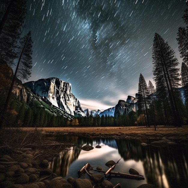 cielo nocturno estrellado sobre una cordillera con un río generativo ai