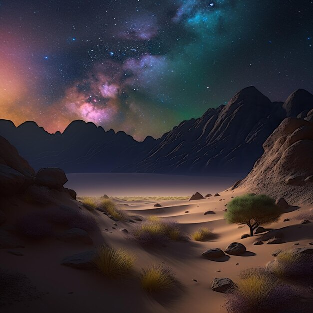 Un cielo nocturno estrellado sobre un desierto con montañas y un árbol a la izquierda.