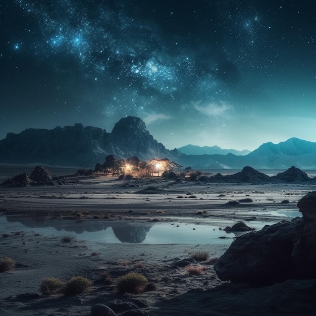 Cielo nocturno estrellado sobre un desierto con una pequeña casa en el ai generativo medio