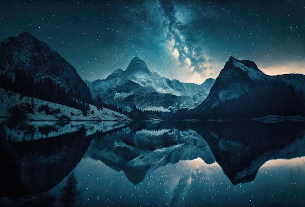 Un cielo nocturno estrellado sobre un lago de montaña