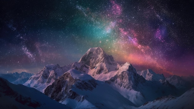 Un cielo nocturno estrellado sobre una montaña nevada