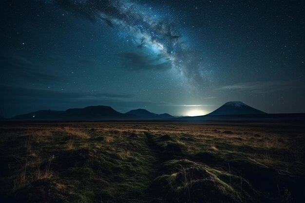 Un cielo nocturno estrellado con la vía láctea en el centro