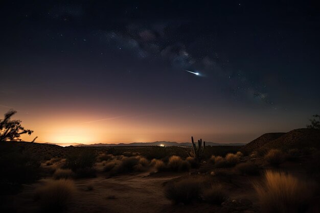 Foto cielo nocturno con estrellas fugaces y luna creciente sobre un paisaje desértico creado con ia generativa