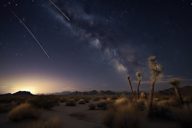 Cielo nocturno con estrellas fugaces sobre un paisaje desértico creado con IA generativa