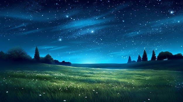 Cielo nocturno con estrellas y hierba generativa ai
