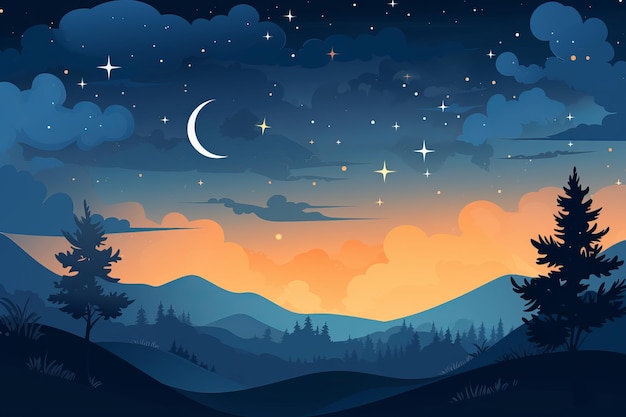 Foto un cielo nocturno con estrellas y luna sobre montañas y árboles