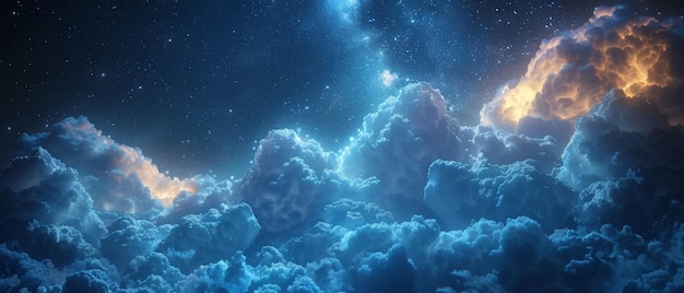 Foto cielo nocturno con estrellas nubes cúmulosas blancas luz de la luna luz de las estrellas fondo astrología astronomía ciencia ficción fantasía sueño frente de tormenta dramático amplio estandarte panorámico