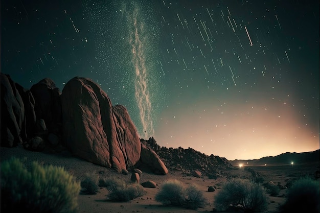 Un cielo nocturno con estrellas y una roca en primer plano