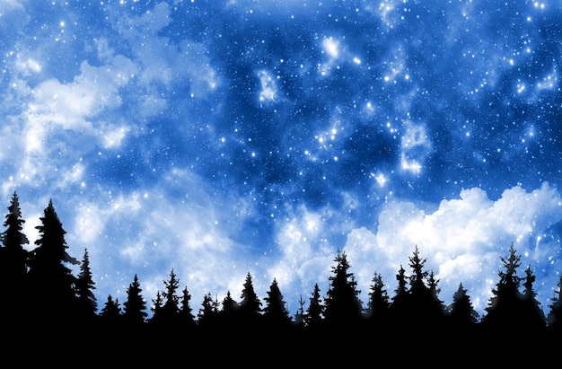 Cielo nocturno con fondo de naturaleza de estrellas y árboles