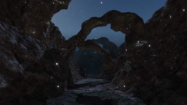 El cielo nocturno en el fondo del valle del acantilado para publicidad en la naturaleza y la escena de la aventura