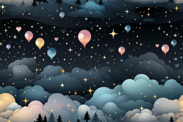 un cielo nocturno con globos y árboles