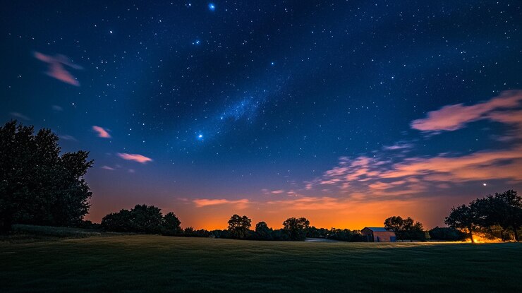 El cielo nocturno iluminado por estrellas y nubes sobre un paisaje rural sereno al anochecer