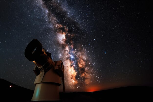 Foto cielo nocturno con innumerables estrellas brillando intensamente y un telescopio cercano creado con ai generativo