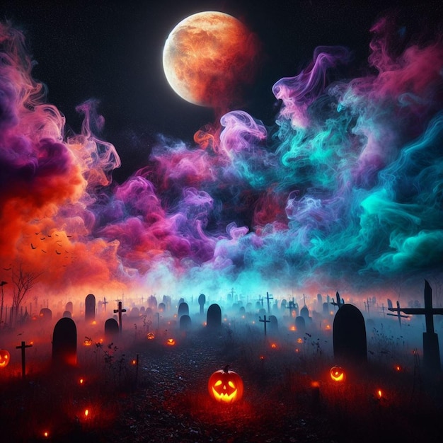 Cielo nocturno lleno de remolinos de humo colorido y una enorme luna de calabaza