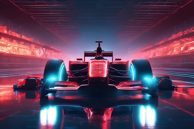 El cielo nocturno y las luces de la ciudad y la fórmula roja 1 carrera de coches deportivos 4k fondo de papel de pared coche