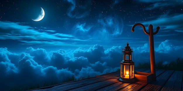Cielo nocturno luna creciente linterna brillante cubierta de madera atmósfera nublada tonos azules místicos