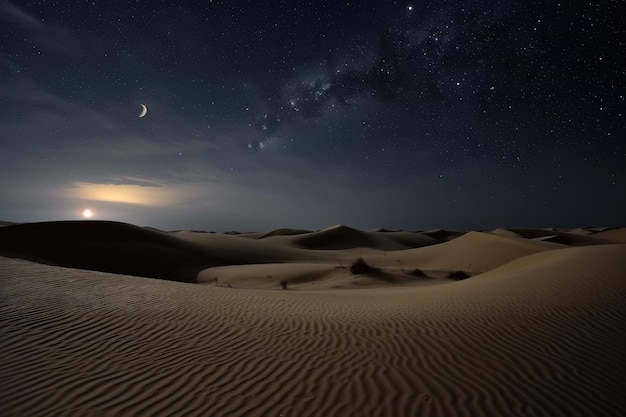 Cielo nocturno con luna y estrellas sobre dunas onduladas creado con ai generativo