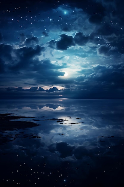 Cielo nocturno con nubes y luna reflejada en el agua renderización 3D