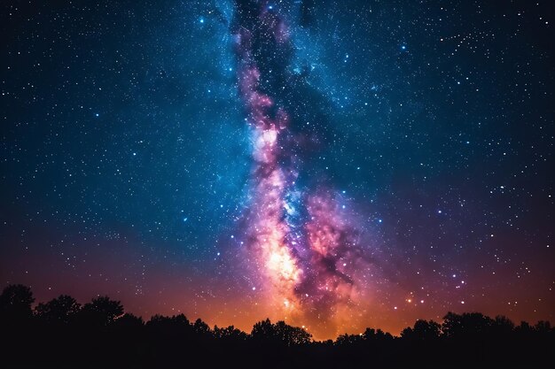 Cielo nocturno oscuro azul con muchas estrellas sobre el campo de árboles Parque Yellowstone Vía Láctea IA generativa