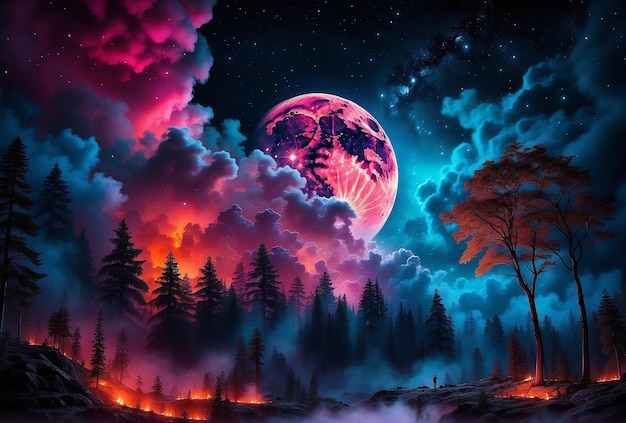 Foto cielo nocturno oscuro con nubes fuego mágico del bosque en la luna con colores de fantasía