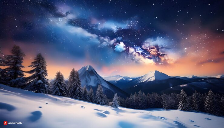 un cielo nocturno con un paisaje de montaña y árboles