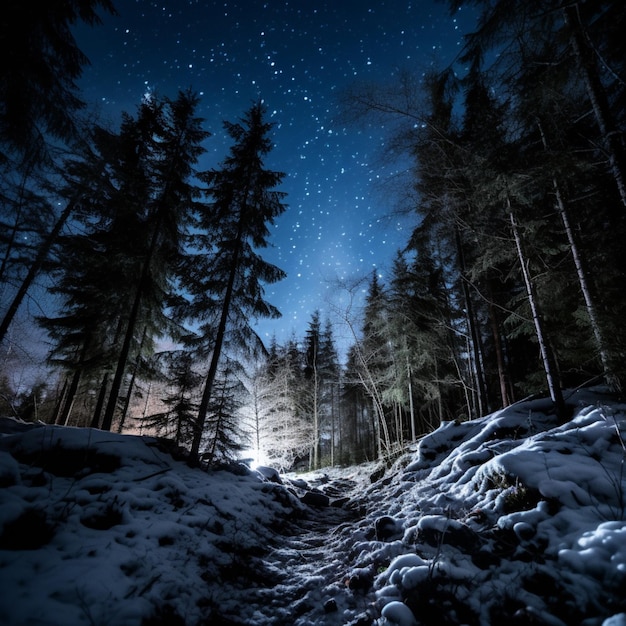 Foto cielo nocturno profundo y oscuro, menos estrellas, menos nieve en los árboles, arte generado por ia