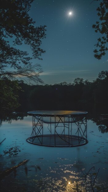 Un cielo nocturno sereno brillando con estrellas sobre un lago tranquilo con un muelle circular que refleja el resplandor de la luna