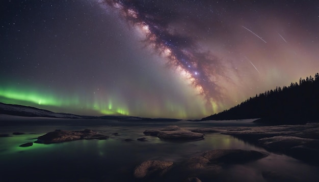 Un cielo nocturno soñador lleno de estrellas con la Vía Láctea Luces del Norte y estrellas fugaz celestial