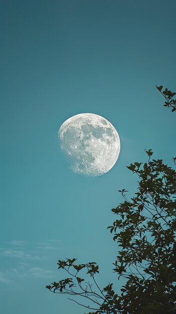 Cielo nocturno tranquilo con luna gibosa en cera y silueta de árbol