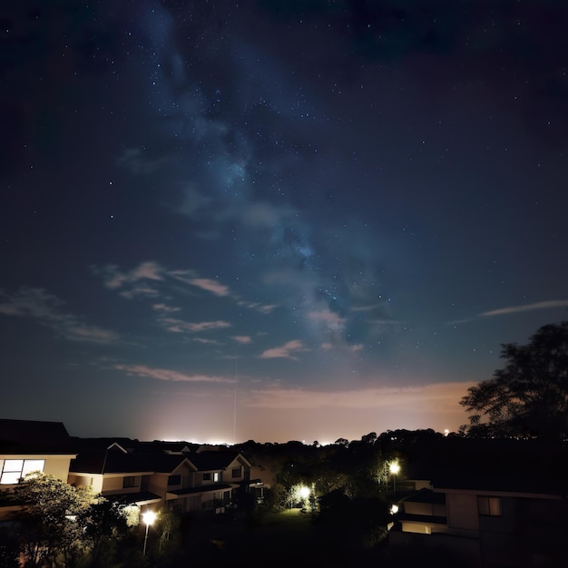 Un cielo nocturno con la vía láctea y algunas casas.