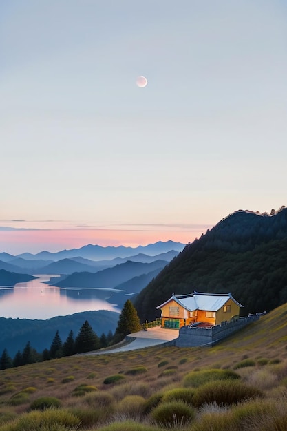 Cielo, nubes blancas y montañas, construcción de casas, naturaleza, paisaje, papel tapiz, ilustración de fondo